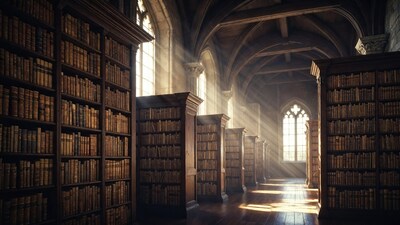 Gothic Library with Sunlight Beams