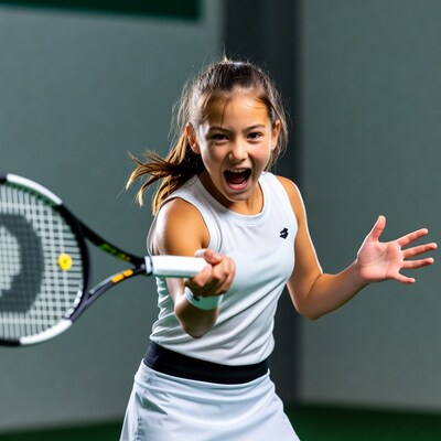 Girl hitting tennis serve