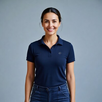 Smiling woman in navy polo shirt