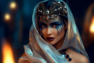 Woman with blue face paint and jeweled headdress