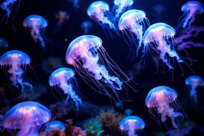 Glowing Blue Jellyfish in Dark Ocean