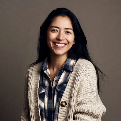 Smiling Asian woman in cardigan