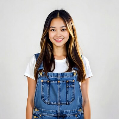 Asian woman in blue overalls smiling