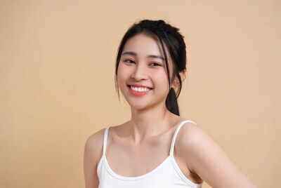 Smiling Asian woman in white camisole