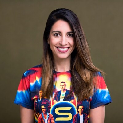Smiling woman wearing band t-shirt