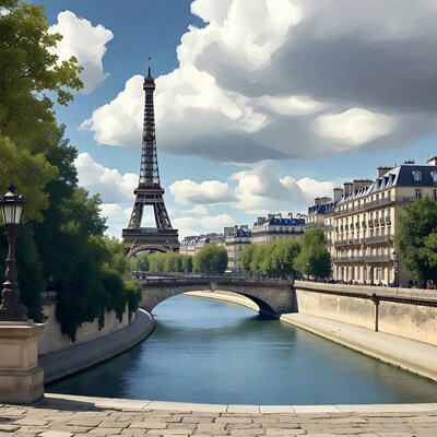 Eiffel Tower over Seine River Bridge
