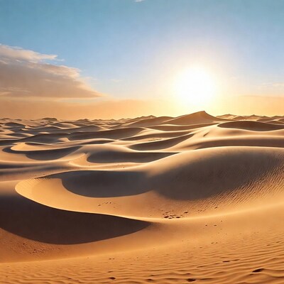 Sunset over desert sand dunes