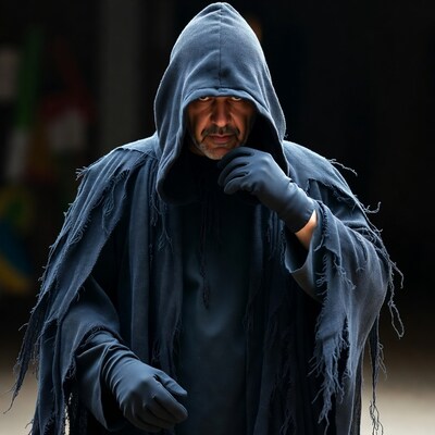 Man in hooded cloak with black gloves
