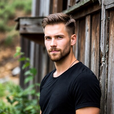 Handsome man leaning against wooden barn