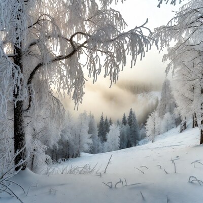 Snowy Trees in Winter Forest
