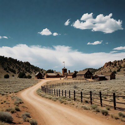 Ranch buildings along dirt road in desert valley