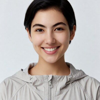 Asian woman smiling in gray hoodie