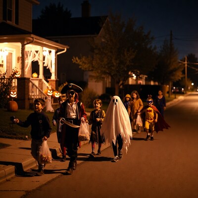 Kids trick-or-treating in costumes at night
