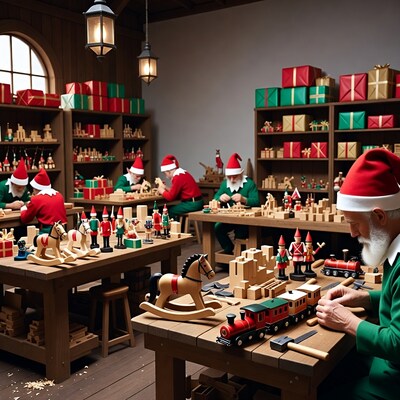 Elves crafting toys in Santa workshop