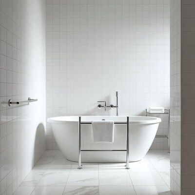 White Freestanding Bathtub in Tiled Bathroom