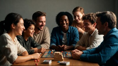 Diverse family playing board game