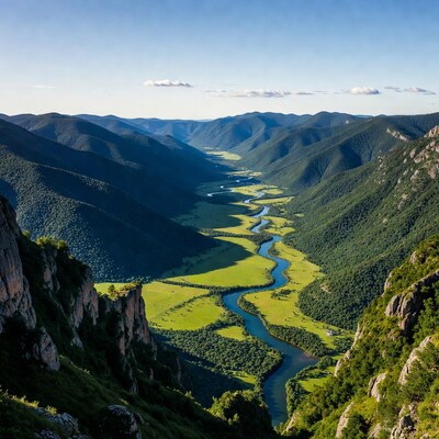 Aerial view of river valley mountains