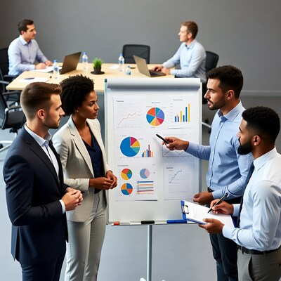 Business team discussing charts at whiteboard