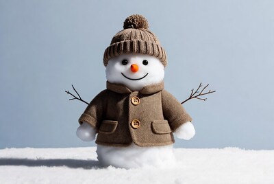 Snowman in brown coat and hat