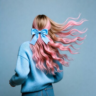 Woman with pink hair and blue bow