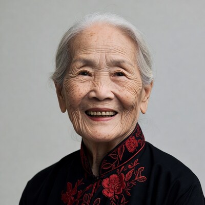 Elderly Asian woman smiling in qipao