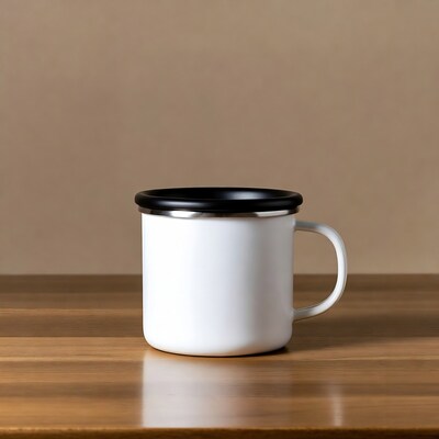 White enamel mug with black rim