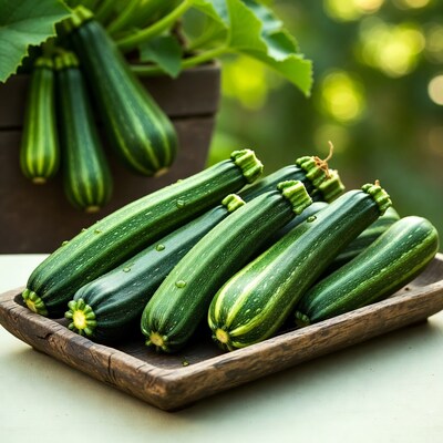 Fresh zucchini in wooden bowl