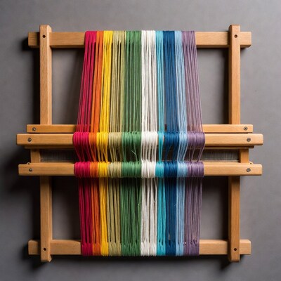 Wooden loom with rainbow warp threads