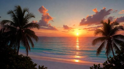 Tropical Beach Sunset with Palm Trees