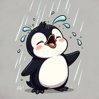 Cute cartoon penguin laughing in rain