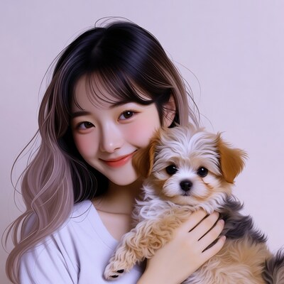 Asian girl holding cute puppy