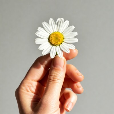 Hand holding white daisy flower