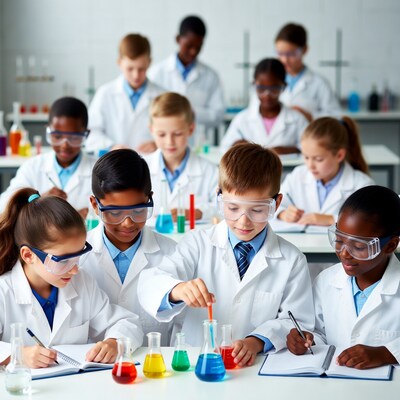 Diverse kids in lab coats doing science experiment