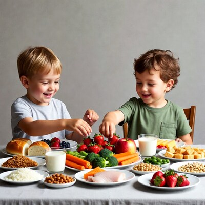 Two boys sprinkling strawberries at dinner table