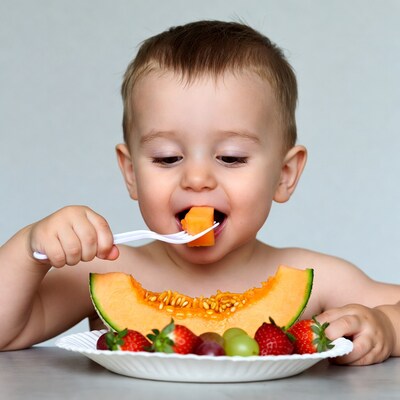 Baby boy eating cantaloupe