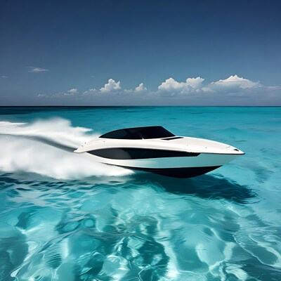 White speedboat racing turquoise ocean