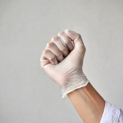 Clenched fist in white latex glove