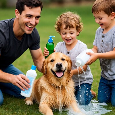 Father and boys washing golden retriever