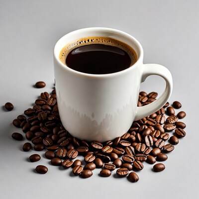White mug of black coffee with beans