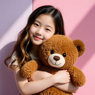 Asian girl hugging teddy bear