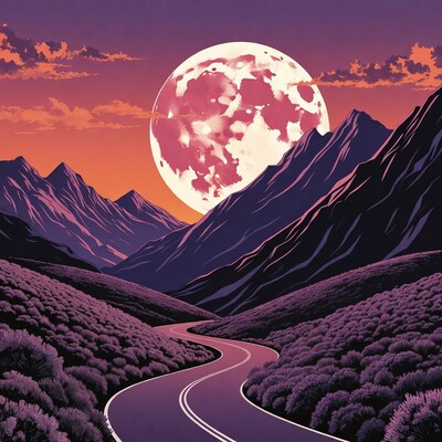 Pink Moon Over Purple Mountains Road