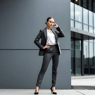 Business woman in gray suit outdoors