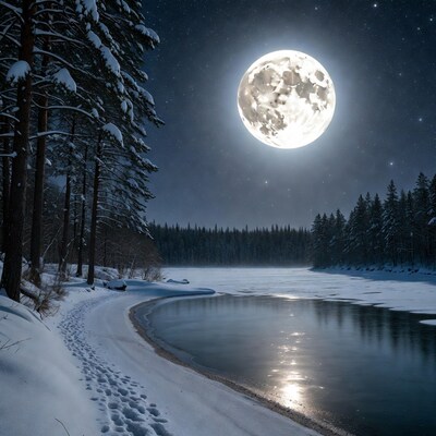 Full Moon Over Snowy Forest Lake
