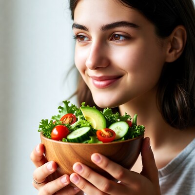 Woman holding fresh salad bowl
