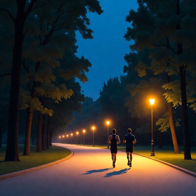 Two men jogging on park path at night