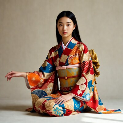 Asian woman in colorful kimono sitting