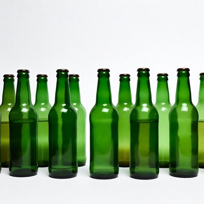 Green beer bottles on white background