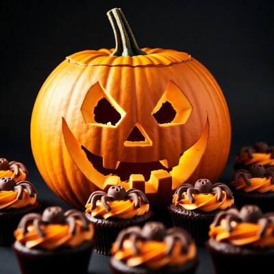 Jack-o-lantern with spider cupcakes