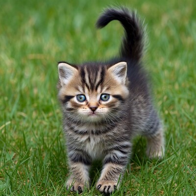 Tabby kitten walking on grass