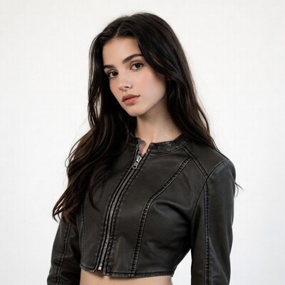 Woman in black leather crop jacket